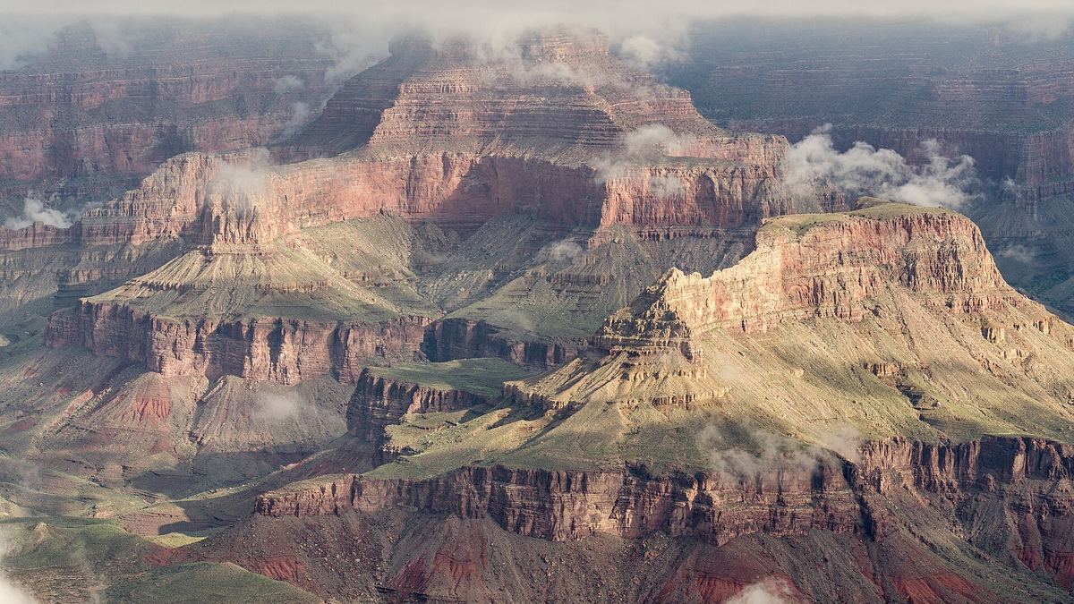 Layered red and tan cliffs of the Grand Canyon seen from Mather Point